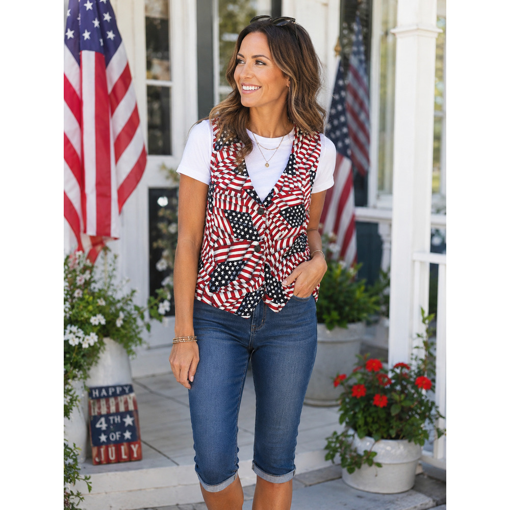 Vintage Patriotic vest Women Sz Medium 4th of July Flag Dopamine Stars & Stripes